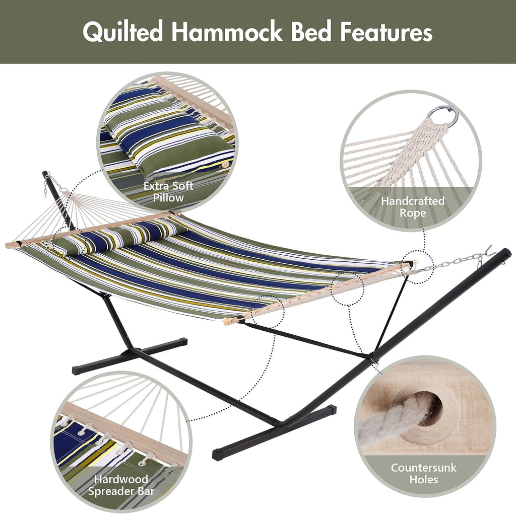 ANOW Double Hammock with Stand 12FT, Heavy Duty Hammocks with Stand for Outside, 450 LBS Weight Capacity, Blue & Green Stripes