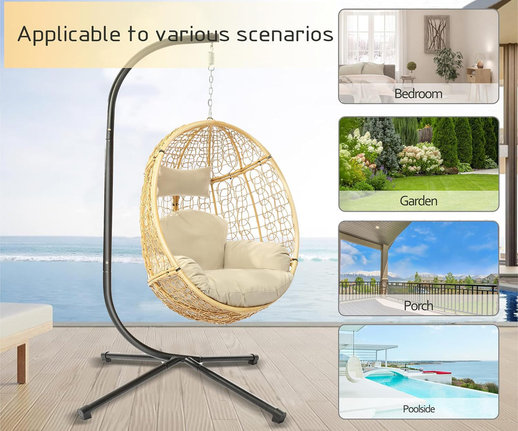 DoubleTT Indoor/Outdoor Wicker Swing Egg Chair Hammock Hanging Chair Nest Basket with Stand, UV Resistant Removable & Washable Cushions,350LBS Capacity for Bedroom, Balcony, Garden (Yellow and Beige)