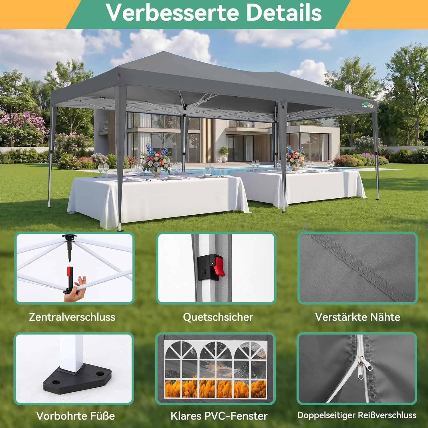 COBIZI 10x20 FT Pop up Canopy Tent with Sidewalls, Party Tents for Parties, Carpas para Fiestas, Easy Set Large Outdoor Popup Patio Gazebo for Backyard,Weddings,Vendor,Commercial Event,Gray (Upgrade)