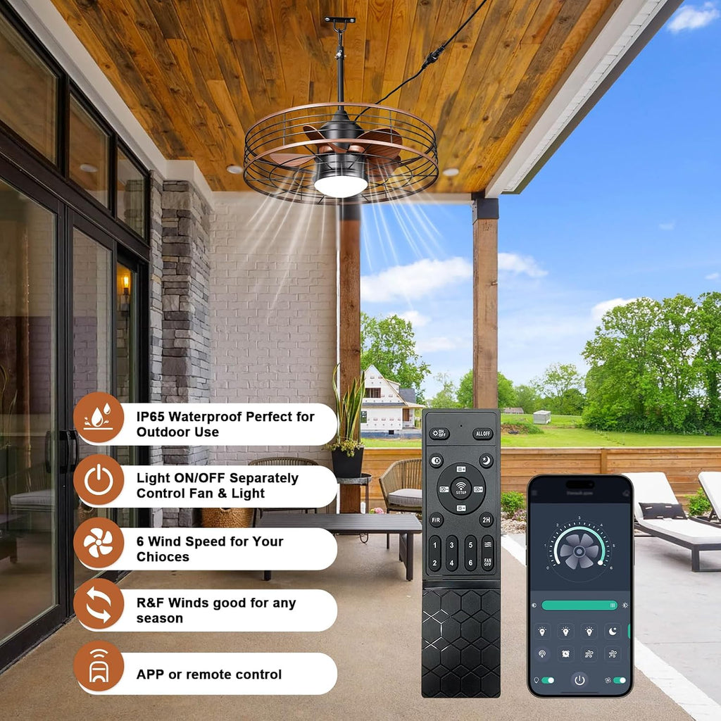 24' Waterproof Gazebo Ceiling Fan with Light Caged Outdoor Hanging Fan for Patios with Plug-in Cord, Dimmable LED, APP Remote Control, 6 Speeds for Pergola Porch Gazebo