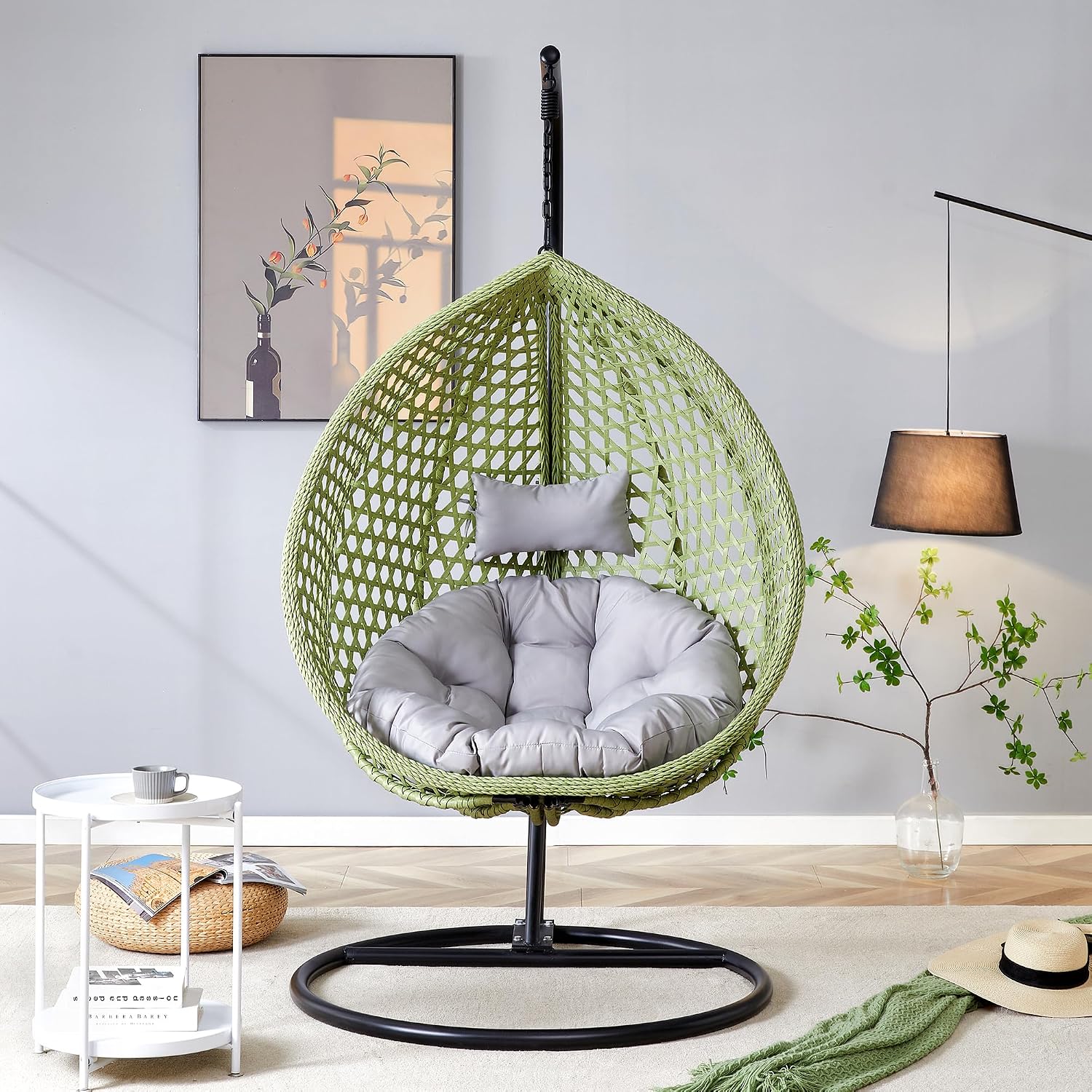Egg Chair Indoor Outdoor, Hanging Chair for Bedroom, Swing Hammock with Stand & Cushions, Comfy Swinging Adult Reading Chair for Patio Balcony Backyard, Heavy Duty 350LBS, Green