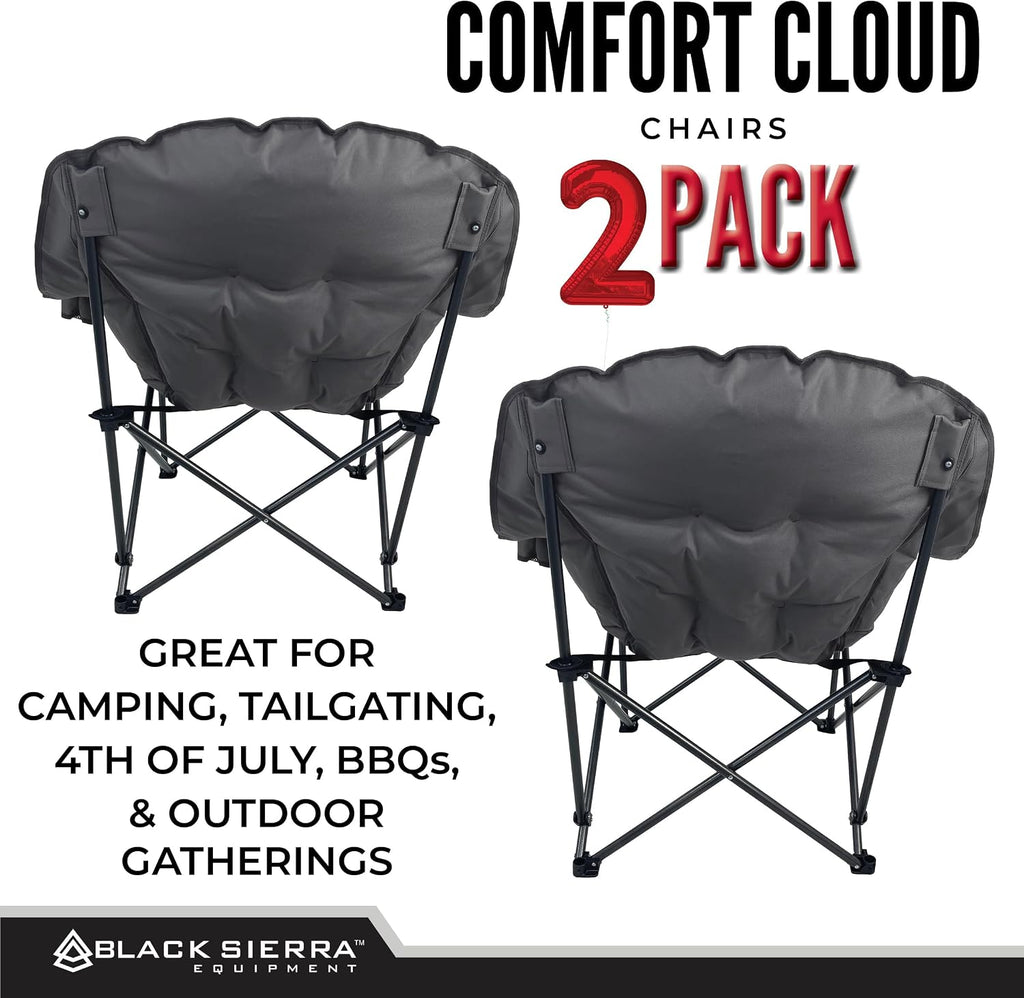 Black Sierra Plush XL Padded Camping Chairs for Adults, 2-Pack Oversized Heavy Duty Folding Seats Supports 400 lbs, Duo Plush Comfort with Cup Holders & Carry Bag for Camping, Tailgating, Patio, RV