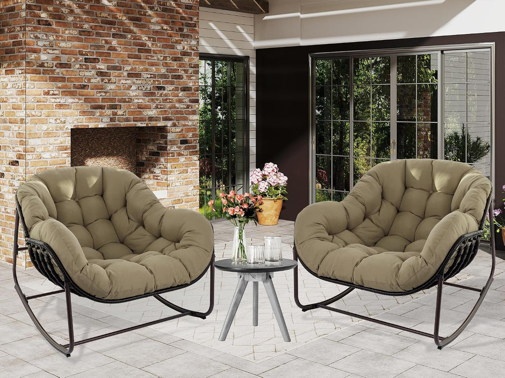Papasan Rocking Chair, Oversized Papasan Chair with Cushion and Frame for Indoor& Outdoor, Deep Seat Egg-Shaped Rocker Chair for Garden, Deck, Living Room, Beige