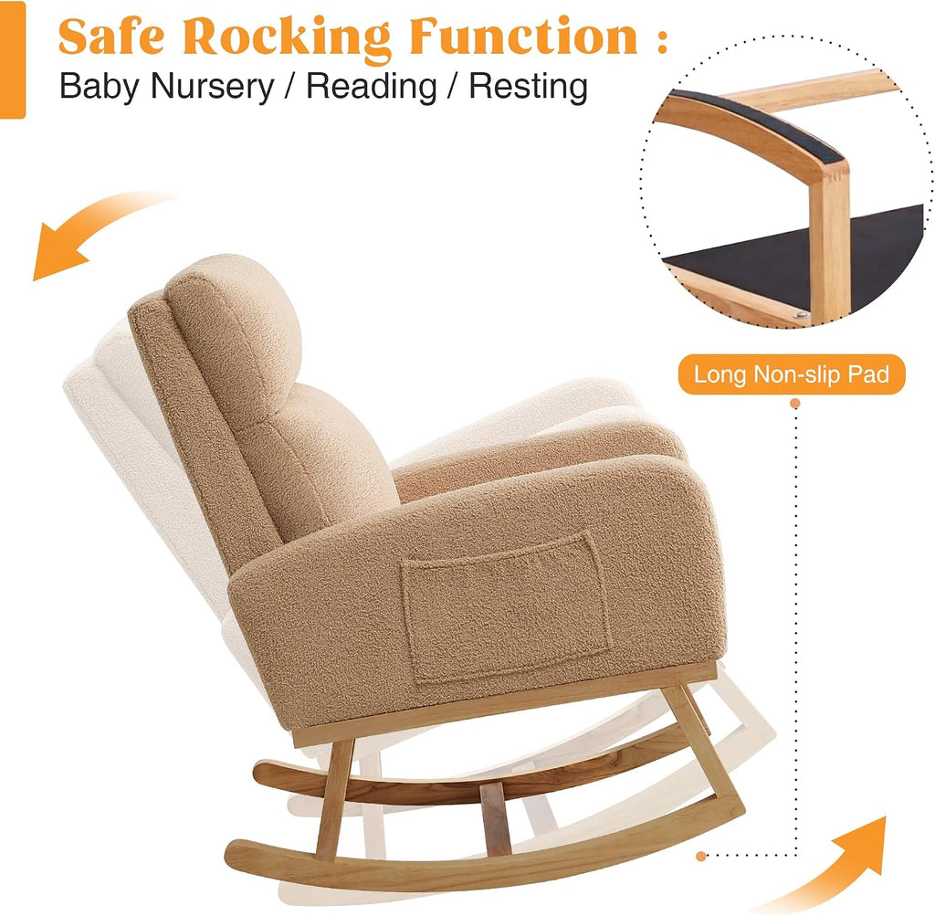 HCHAIRH Rocking Chair Nursery, Sherpa Nursing Rocking Chairs, Upholstered Nursery Glider Rocker for Mom Nursery Morden Accent Rocking Chair with Side Pocket for Living Room,Bedroom,Teddy Camel