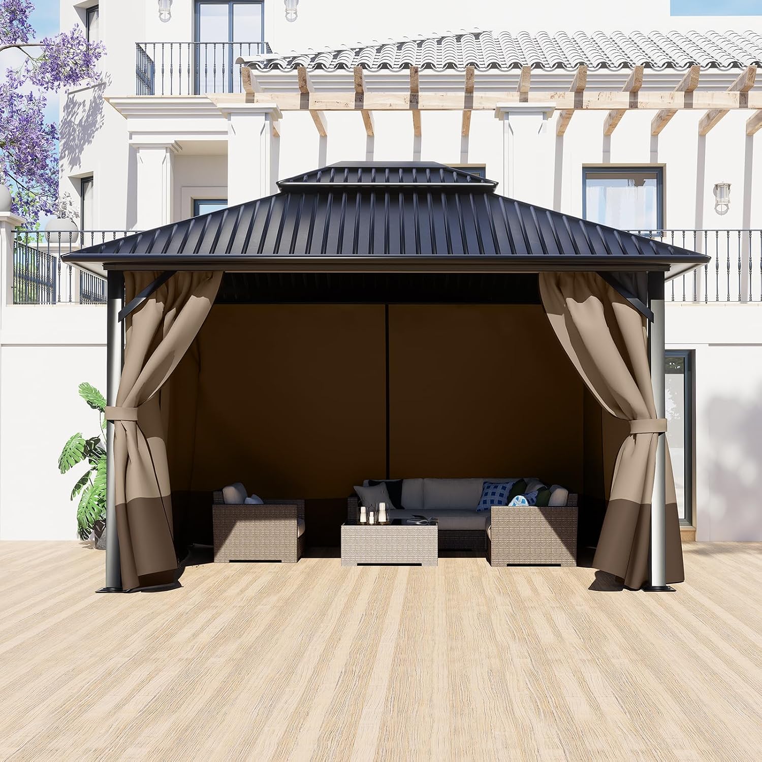 BPS 12' x 14' Gazebo Privacy Curtains with Double Zipper, 4-Panels Side Wall Universal Gazebo Side Panels Replacement for Patio, Outdoor Canopy, Garden and Backyard (Curtain Only)