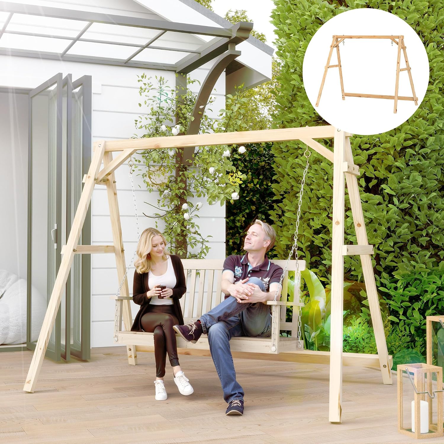 Outsunny 770lbs Porch Swing Frame, Heavy Duty A-Frame Wooden Swing Stand with Reinforced Bars, Freestanding Hanging Chair Stand Only for Porch, Lawn, Garden, Backyard, Teak