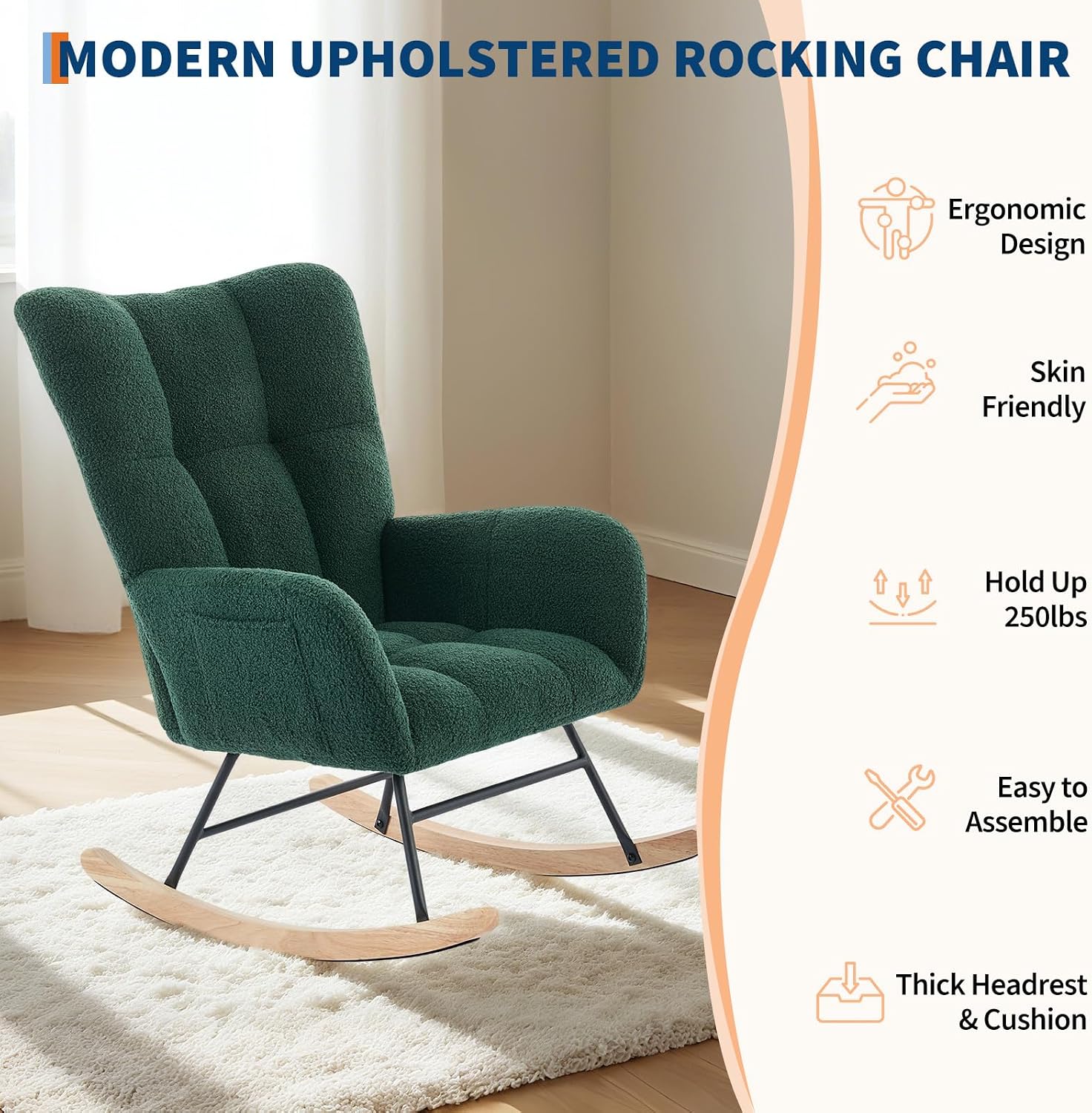 Nursery Rocking Chair,300Lb Glider Chair with Wood Legs/Two Side Pockets,Teddy Upholstered Glider Rocker with Padded Seat High Backrest for Living Room/Bedroom/Nursery