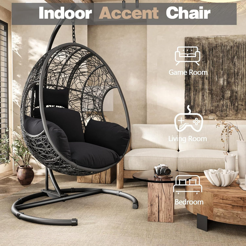 Oversized Hanging Egg Chair with Stand Outdoor Wicker Swing Chair Comfy Hammock Egg Shaped Chair 400lbs Capacity for Patio, Garden and Balcony