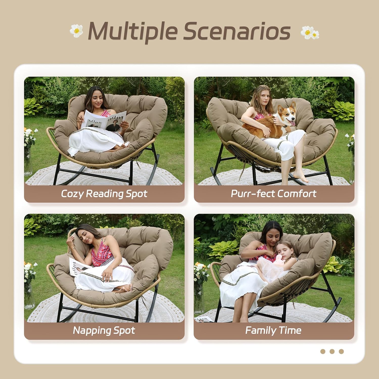 BULEXYARD Double Rocking Lounge Chairs Outdoor, 2 PCS Papasan Rocking Chair with Padded Cushion, All Weather PE Wicker Recliner Glider, Big Comfy Egg Rocker for Indoor Balcony, Bedroom, Livingroom