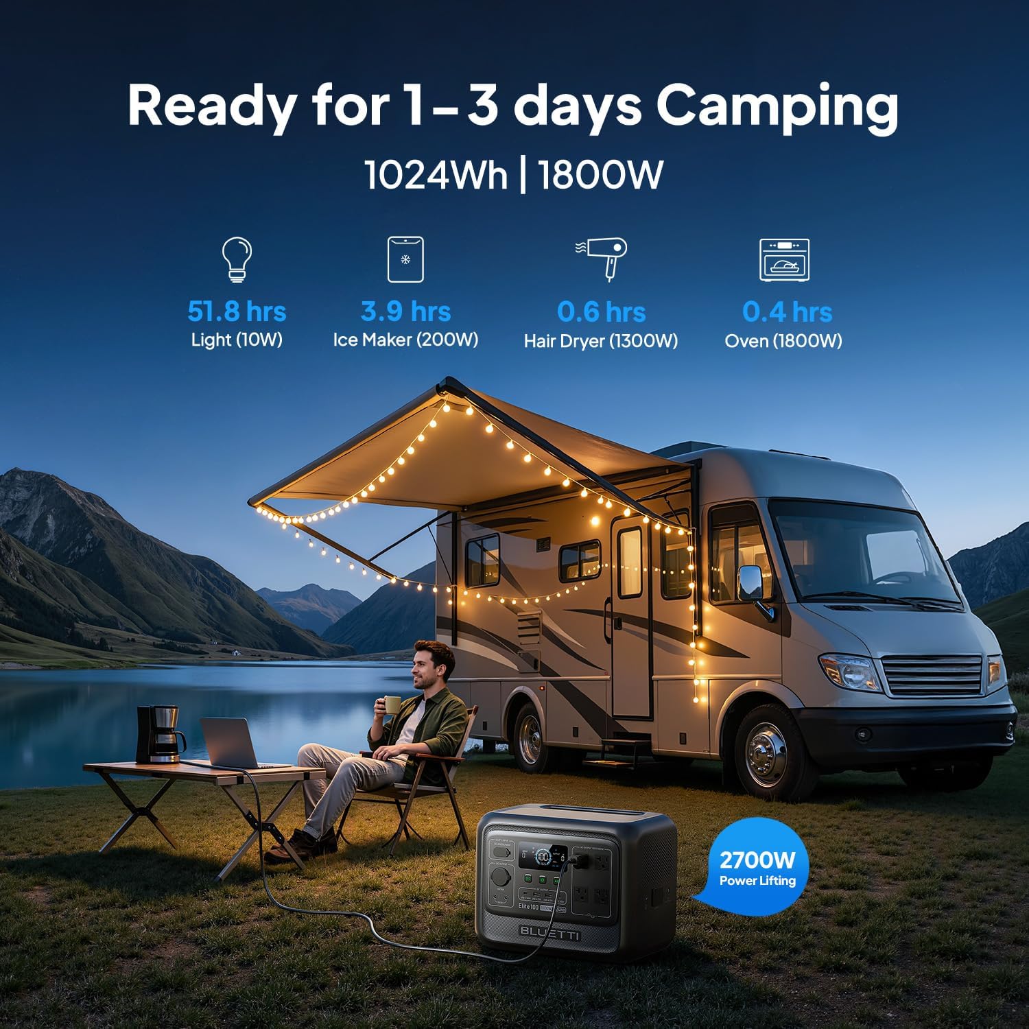 BLUETTI Elite 100 V2 Portable Power Station with AC Cable, 1024Wh LFP Battery Solar Generator w/ 4 1800W AC Outlets (3600W Surge) Backup, 35% Smaller for Camping, RV, Outages (Solar Panel Optional)
