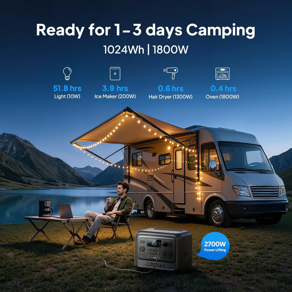 BLUETTI Solar Generator Elite 100 V2 with 2×100W Solar Panels Included, 1024Wh Portable Power Station w/ 2 1800W AC Outlets, 35% Smaller, Ideal for Camping, Emergencies, Backup Power
