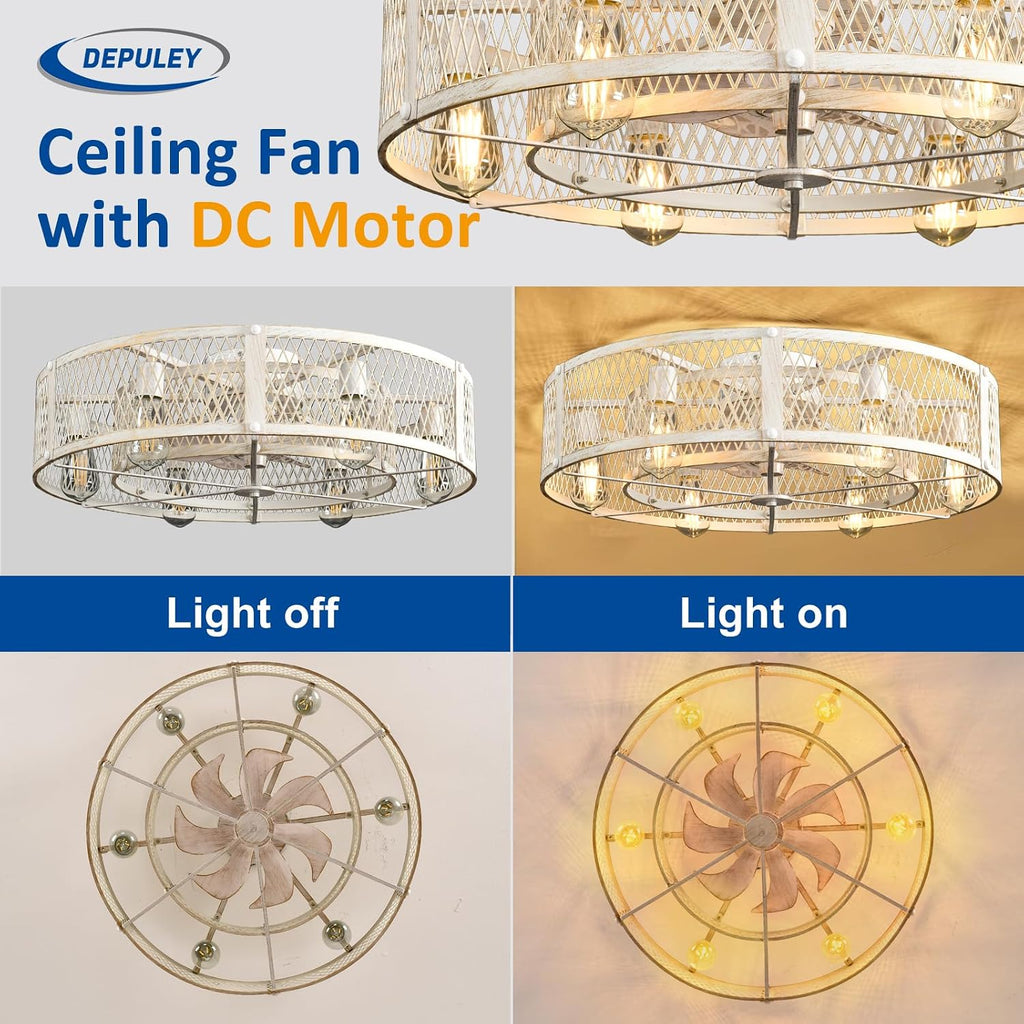 Depuley Flush Mount Ceiling Fan: 26' Caged Ceiling Fans with Lights and Remote Control for Kitchen Bedroom Farmhouse - Rustic Low Profile Ceiling Fandelier Lights Reversible 6 Speed Timer Cement