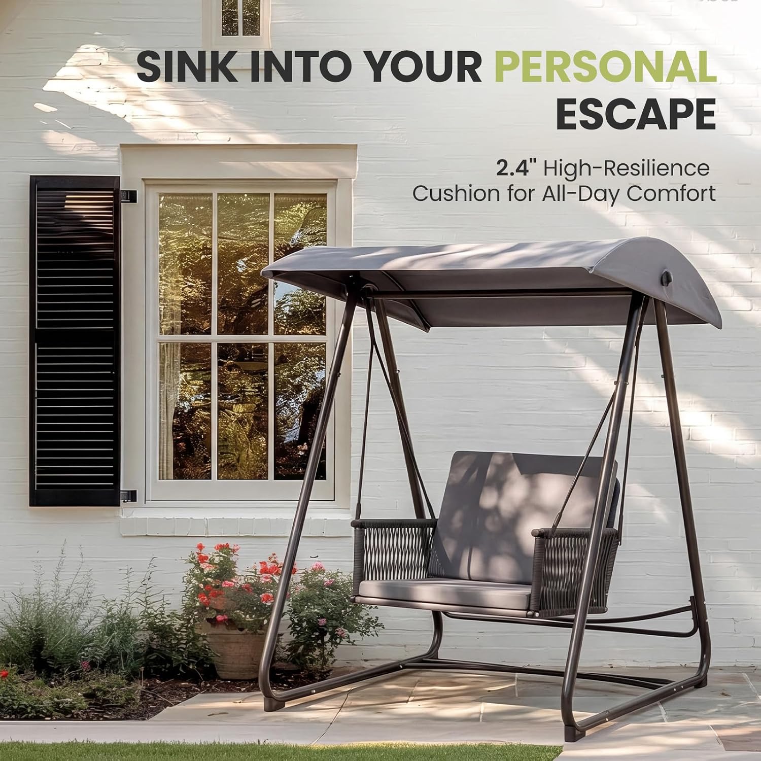 Porch Swing with Stand, Outdoor Swing with Canopy, All Weather Outdoor Swings for Adults, 400lbs Heavy Duty Porch Swings with Removable Cushions, Single Hanging Chair for Small Space, Grey