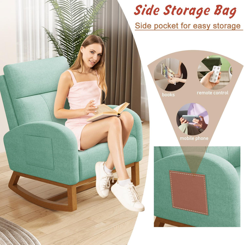 Gaussen Glider Rocking Chair Nursery Comfy Accent Chair with High Backrest Upholstered Living Room Chairs with Side Pocket Armchair Reading Chair for Bedroom Nursery Office, Green