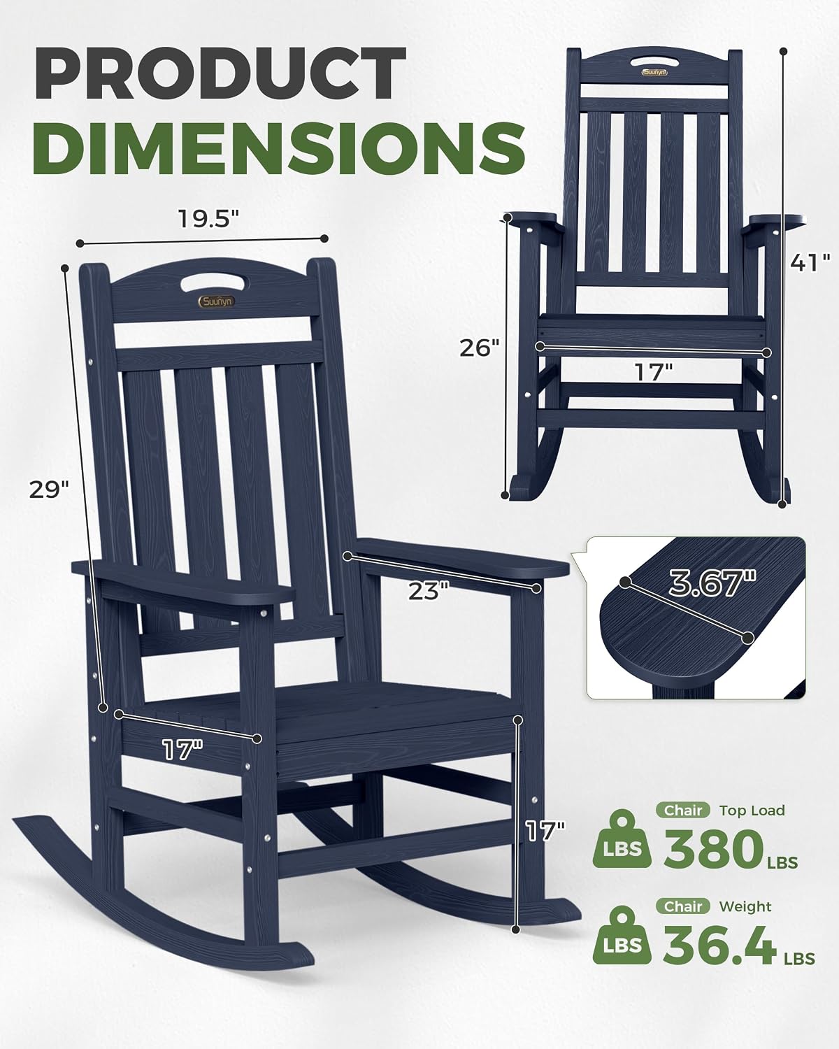 Oversized Outdoor Rocking Chair, High Back Porch Rocker Chair, HDPE All Weather Resistant Rocking Chairs for Patio, 380lbs Weight Capacity, Dark NavyBlue