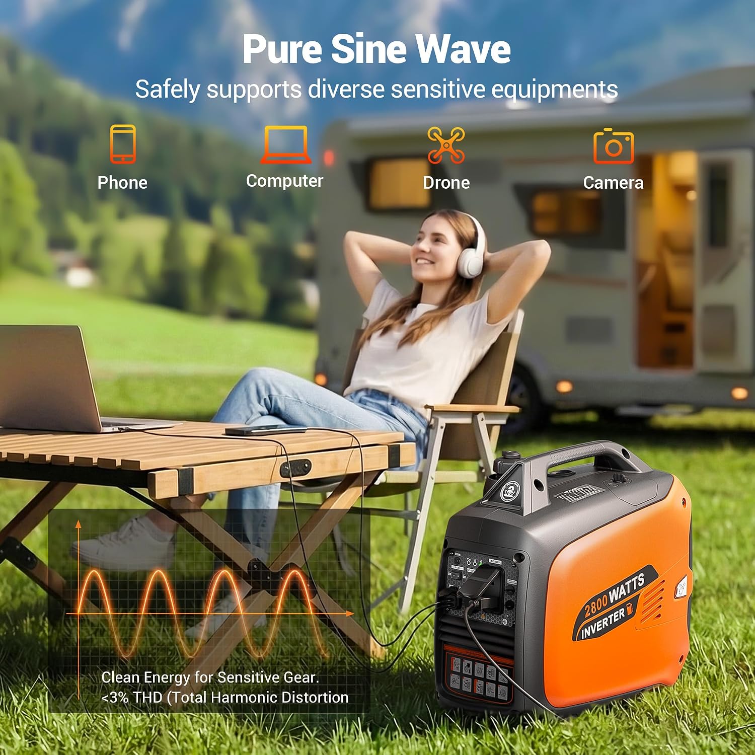 2800 Watt Portable Inverter Generator, Super Quiet Gas Powered, Pure Sine Wave, Lightweight 39.8 lbs, EPA Compliant, Parallel Capable, Low THD, RV Ready for Camping & Home Backup