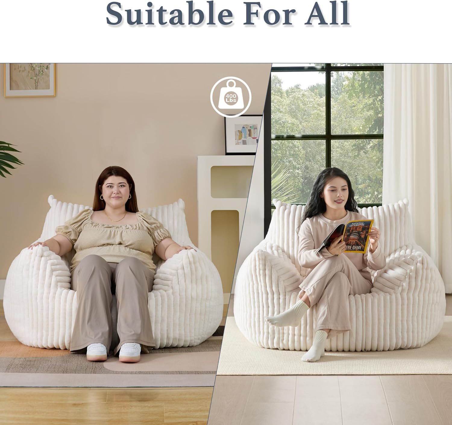 Giant Plush Bean Bag Chair for Adults with Armrests - Oversized Comfy Beige Beanbag Lounge Lazy Floor Sofa Accent Chair for Living Room, Bedroom & Dorm, Cozy Fluffy Single Cloud Mini Couch