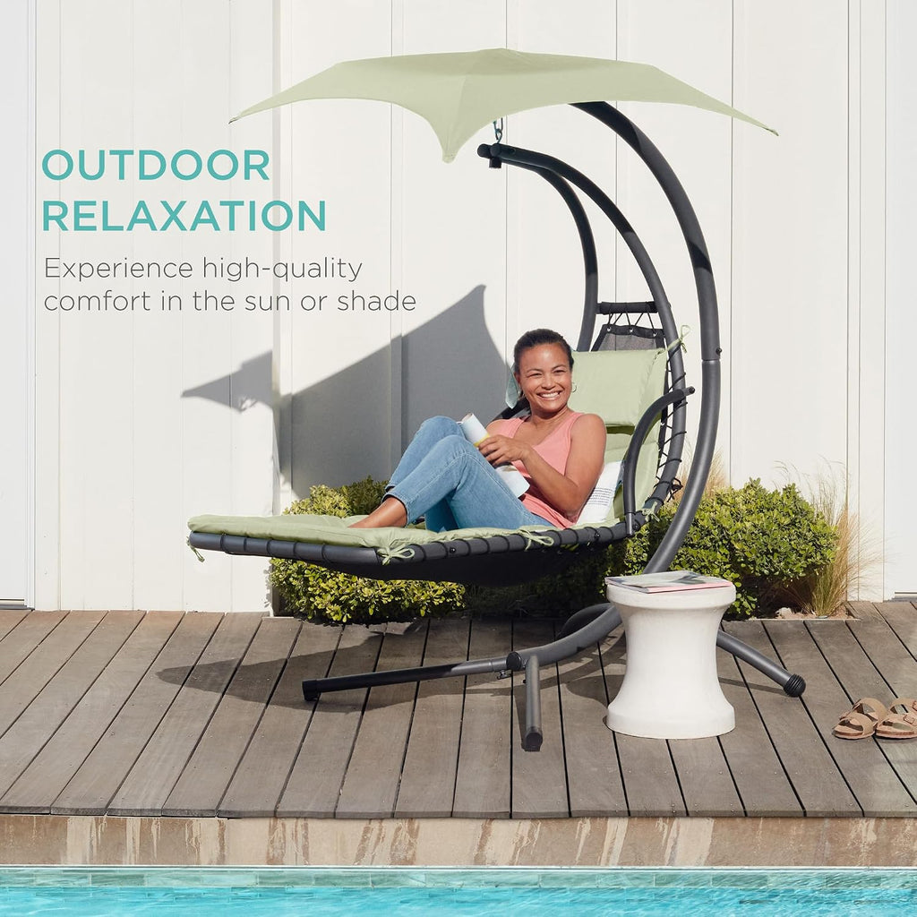 Best Choice Products Outdoor Hanging Curved Steel Chaise Lounge Chair Swing w/Built-in Pillow and Removable Canopy - Sage
