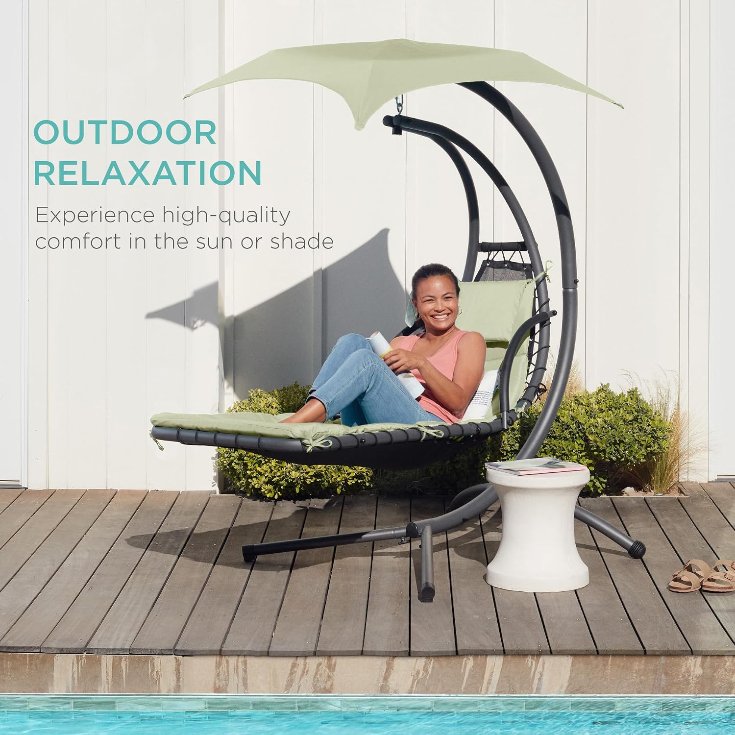 Best Choice Products Outdoor Hanging Curved Steel Chaise Lounge Chair Swing w/Built-in Pillow and Removable Canopy - Sage