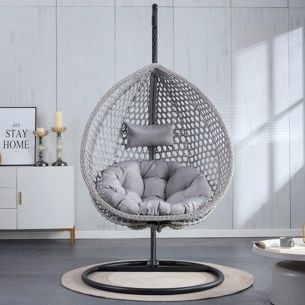 Hanging Egg Swing Chair with Stand, Rattan Wicker Hanging Egg Chair Hammock Indoor with Cushions, Swinging Chair for Bedroom Outdoor Patio Balcony Backyard Sunroom Heavy Duty 350LBS (Gray)