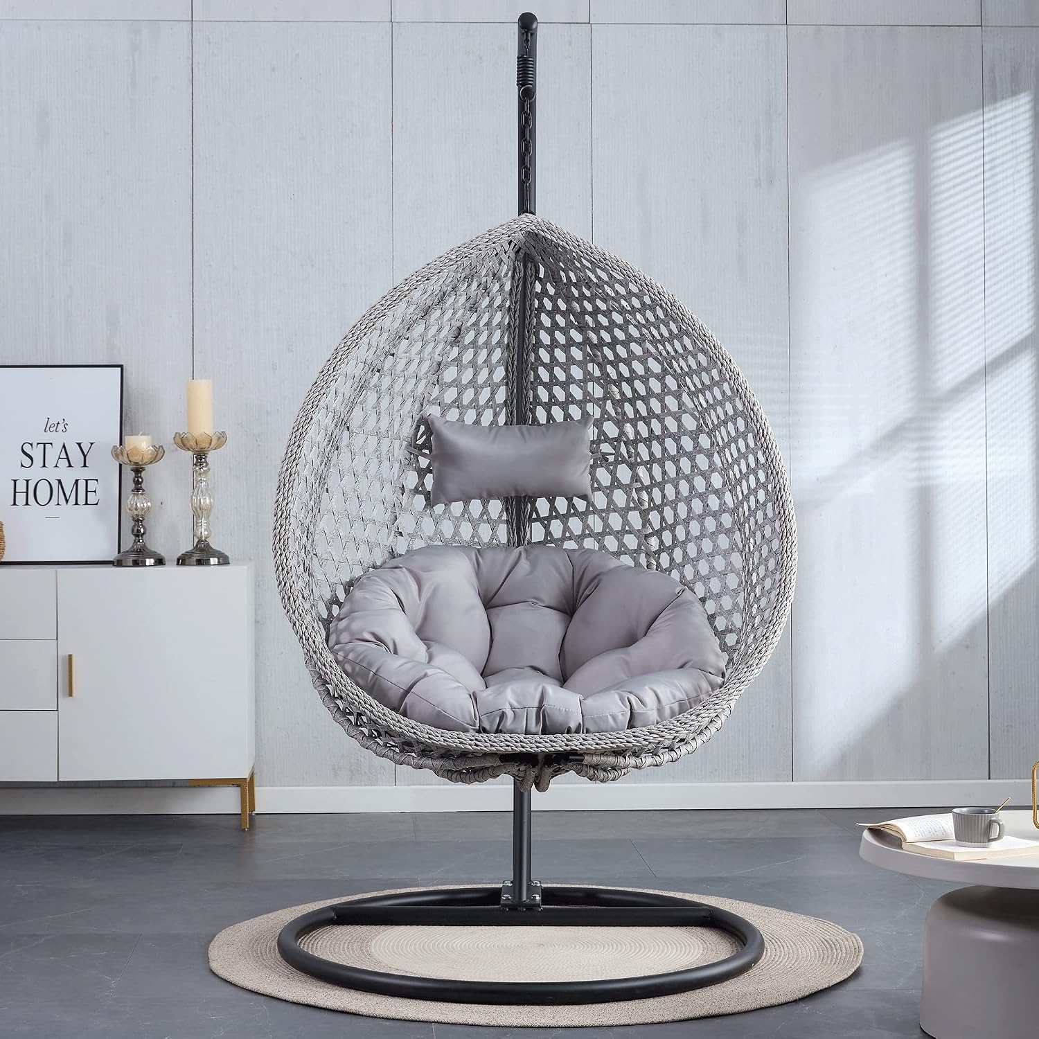 Hanging Egg Swing Chair with Stand, Rattan Wicker Hanging Egg Chair Hammock Indoor with Cushions, Swinging Chair for Bedroom Outdoor Patio Balcony Backyard Sunroom Heavy Duty 350LBS (Gray)