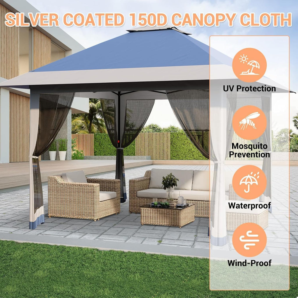 13'x13' Pop Up Gazebo, Outdoor Canopy Tent with Mosquito Netting, Pop Up Canopy with Double Roof Design & Adjustable Height, UV-Resistant Patio Gazebo Sunshade for Graden/Backyard/Lawn/Beach (Blue)