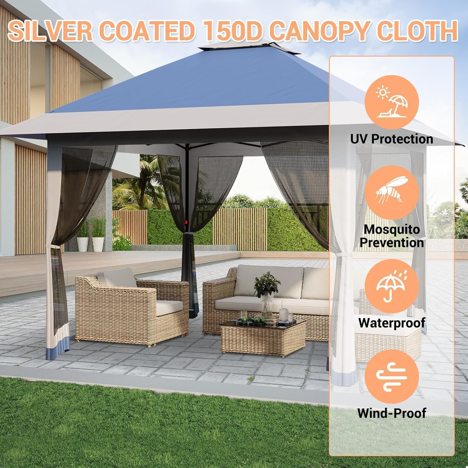 13'x13' Pop Up Gazebo, Outdoor Canopy Tent with Mosquito Netting, Pop Up Canopy with Double Roof Design & Adjustable Height, UV-Resistant Patio Gazebo Sunshade for Graden/Backyard/Lawn/Beach (Blue)