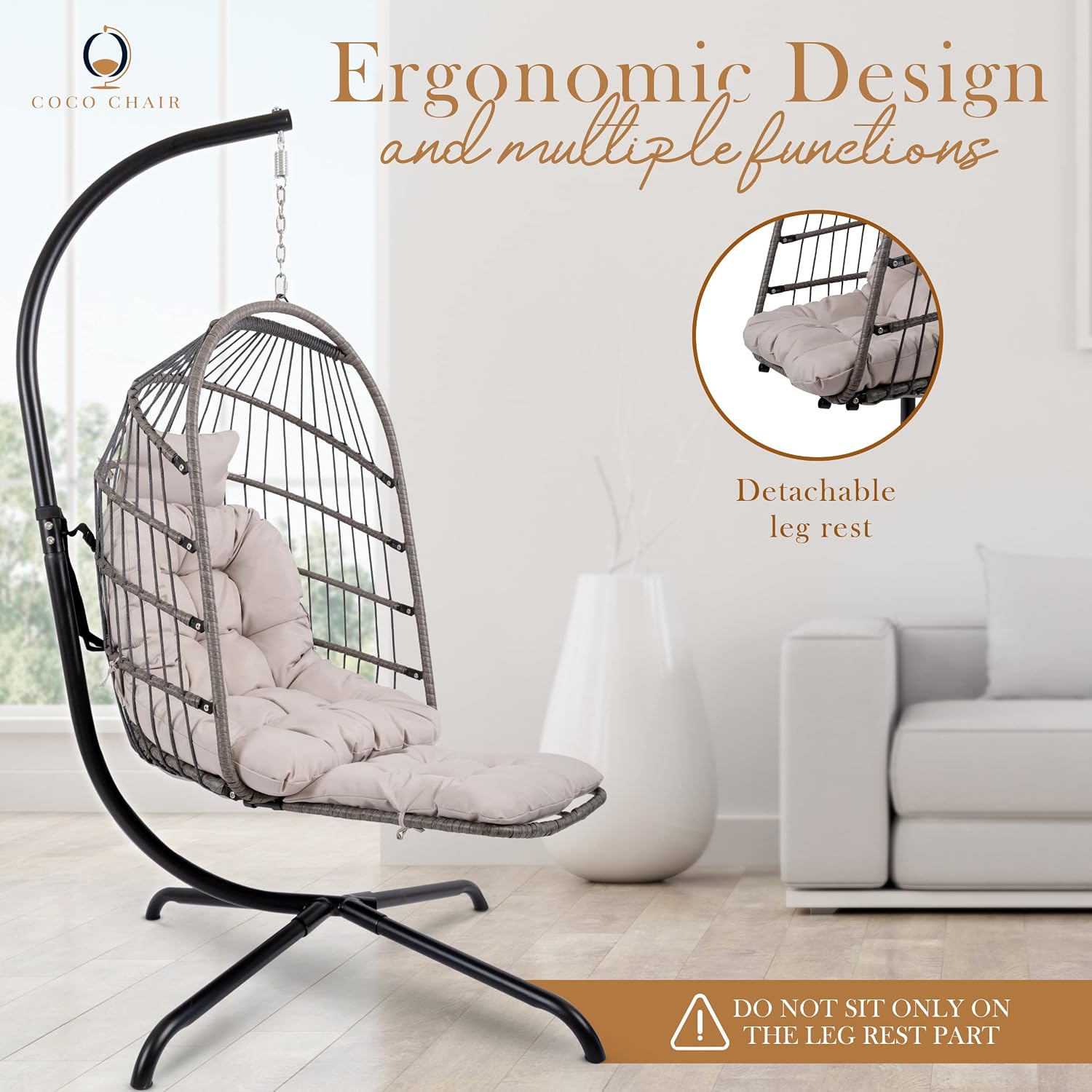 Hanging Egg Chair with Stand & Leg Rest | Modern, Boho-Chic Outdoor & Indoor Swing Chair | Grey