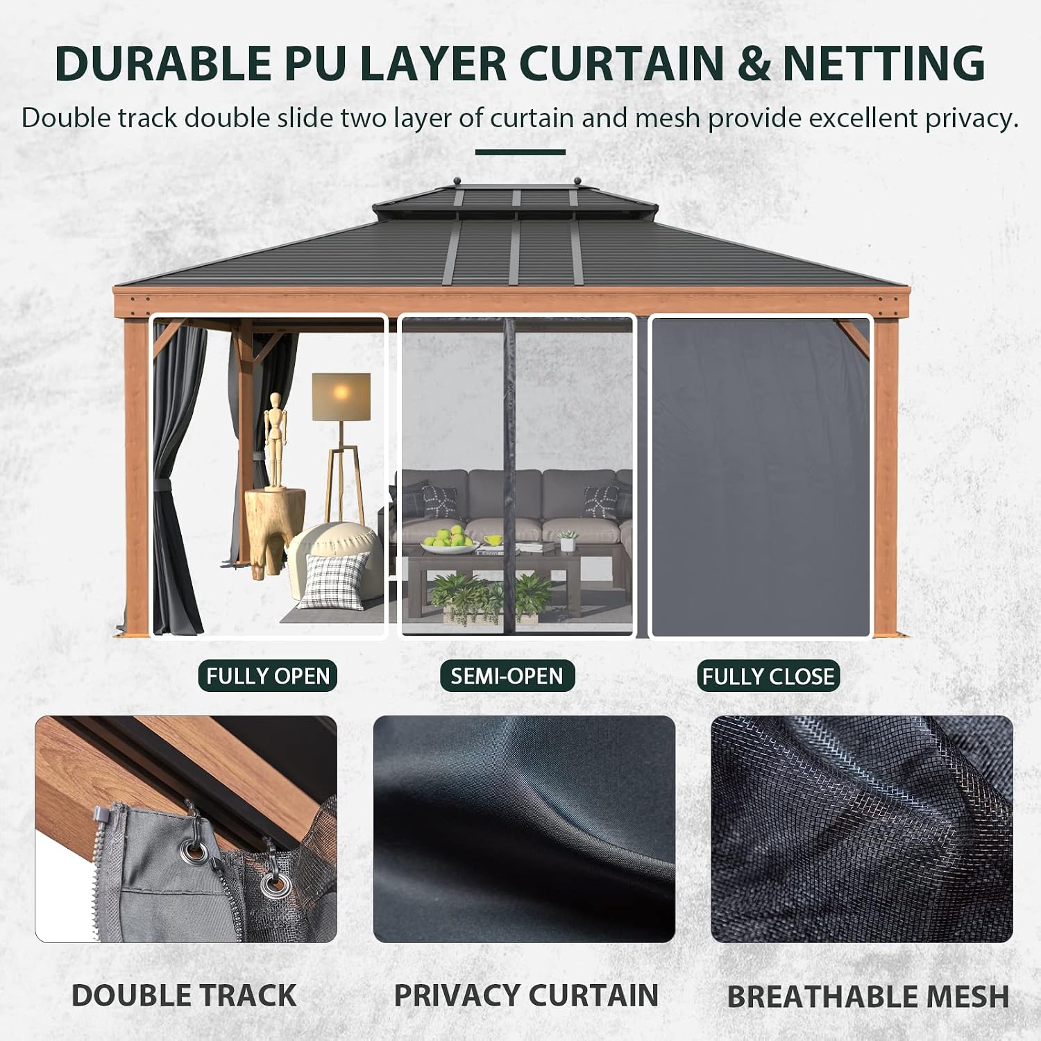 YOLENY 12'x16' Gazebo Wood Grain Aluminum Frame Hardtop Gazebos with Galvanized Steel Roof, Curtains and Nettings for Backyard,Patio and Garden