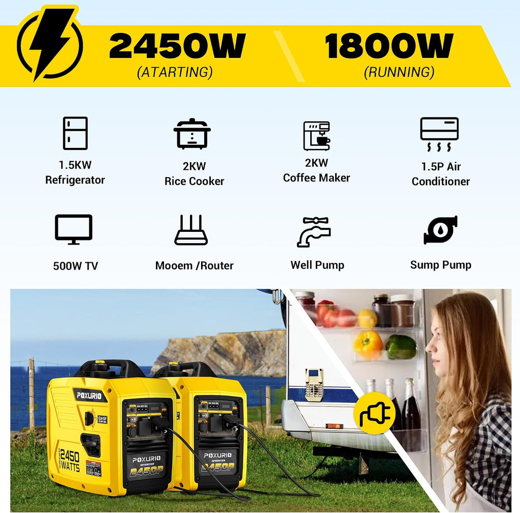 2450-Watt Portable Inverter Generator for Home Use, 1.6Gallon Large Fuel Tank Up to 8.3 Hours Use, 120V Gas Powered Generator Super Quiet - EPA Compliant，Yellow