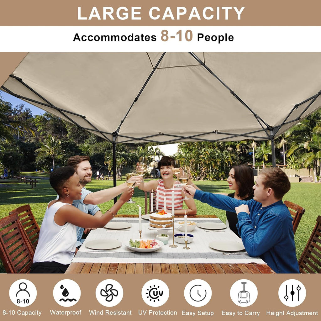 KAMPKEEPER 10x10 Easy Pop Up Canopy Tent with Sidewalls, Instant Outdoor Shade Shelter with Removable 10FT Sun Walls, Quick Setup Waterproof and UV-Resistant for Patio (Khaki, 10x10FT with 1 sidewall)