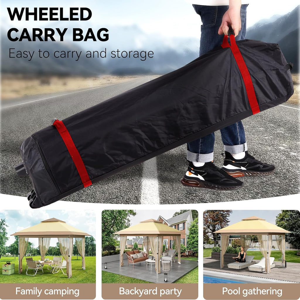 12x12 Pop Up Gazebo Tent with Mosquito Netting & Water,Resistant Oxford Canopy with Roller Bag,Instant Setup Outdoor Shelter for Backyard, Patio, Parties, Weddings, Outdoor Dining,Beige+Khaki