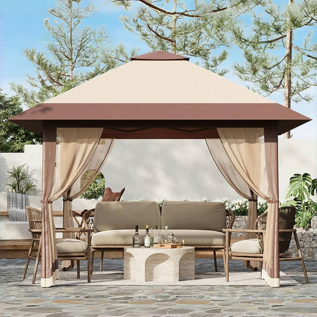 13'x13' Gazebo, Pop Up Patio Gazebo Outdoor Canopy Tent with Double Roof Mosquito Netting & Portable Carry Bag for Backyard Lawn Deck Garden (Khaki)