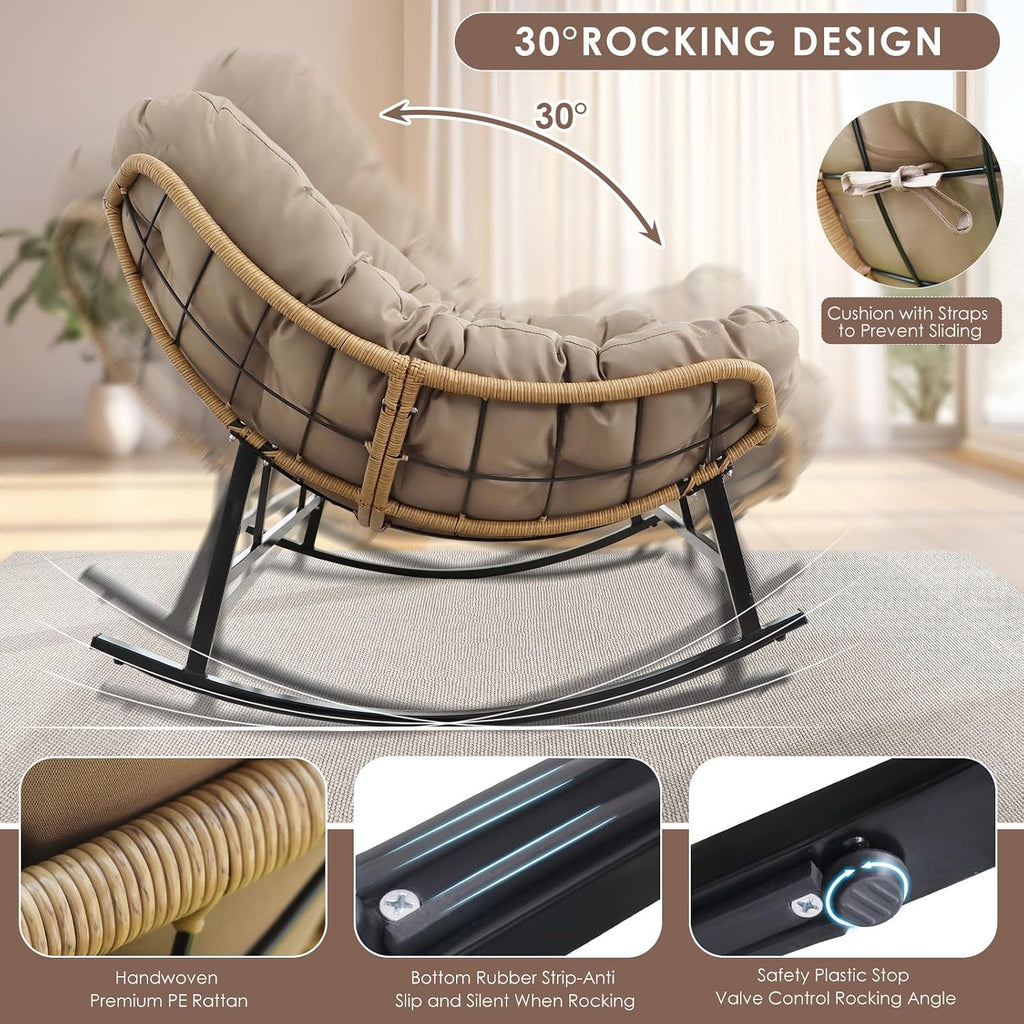 RADIATA Double Rocking Chair, Oversized Egg Rocking Chairs for 2 Person, Large Wide Papasan Loveseat with Cushion and Frame, Comfort Outdoor Furniture for Reading/Relaxing Patio Garden Backyard Brown