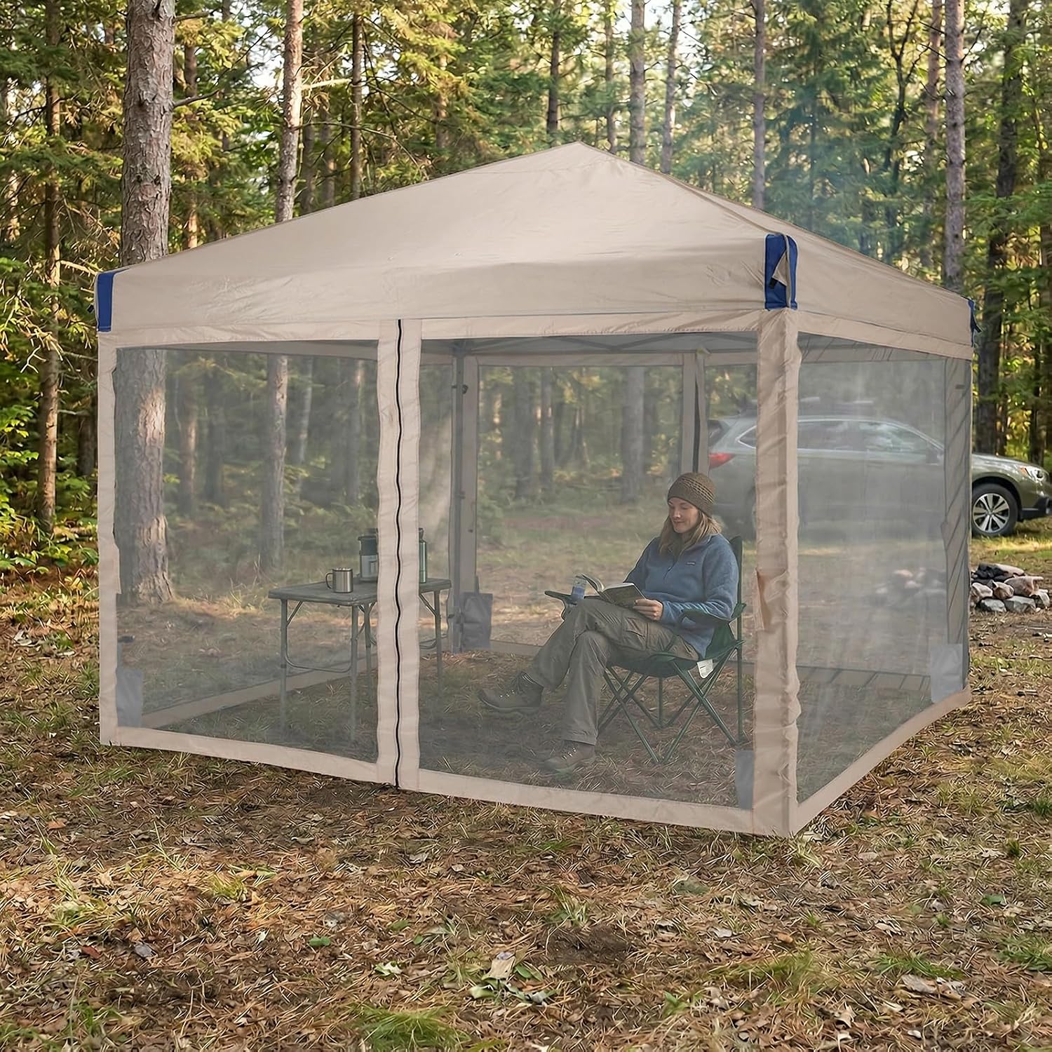 Aoodor 12x12 Ft Pop Up Canopy Tent with Netting, Water-Resistant 210D Oxford Fabric Shade, Easy Assembly Commercial Gazebo with Wheeled Carry Bag & 4 Sand Bags for Camping, Party, Khaki
