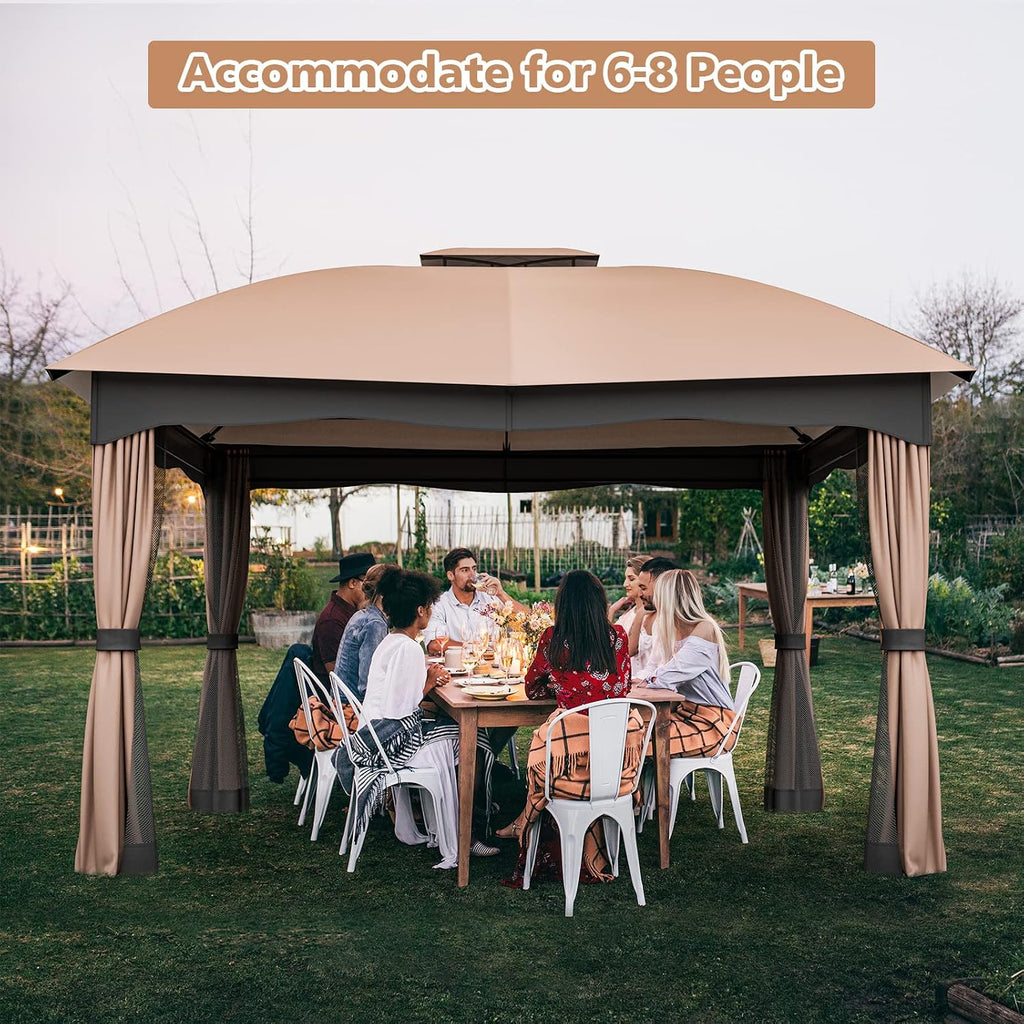 Tangkula 10x12 Ft Patio Gazebo, Double Vented Gazebo with Zippered Privacy Curtains, Mesh Screen Netting, Outdoor Steel Gazebo for Deck, Garden, Yard, Poolside (Brown)