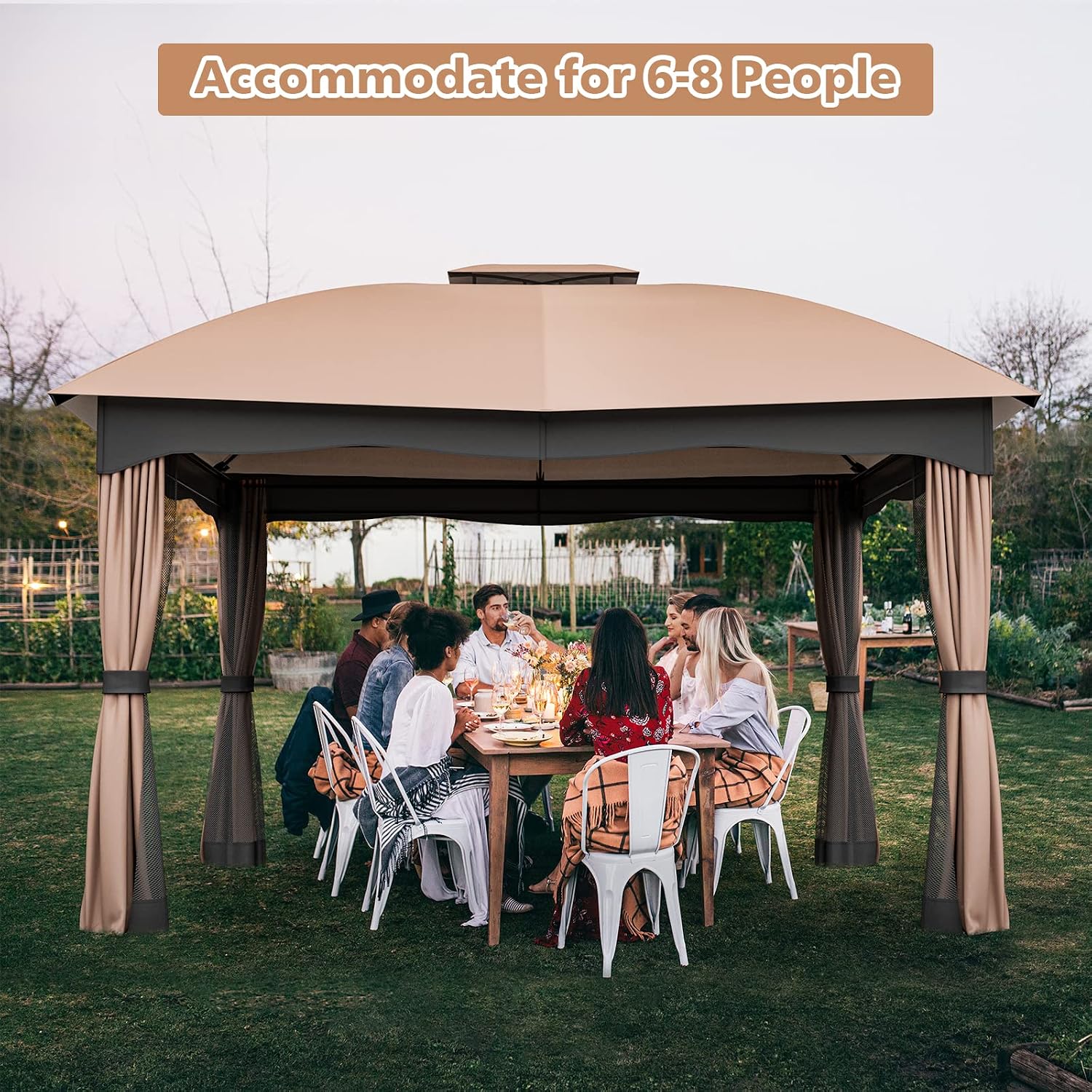 Tangkula 10x12 Ft Patio Gazebo, Double Vented Gazebo with Zippered Privacy Curtains, Mesh Screen Netting, Outdoor Steel Gazebo for Deck, Garden, Yard, Poolside (Brown)