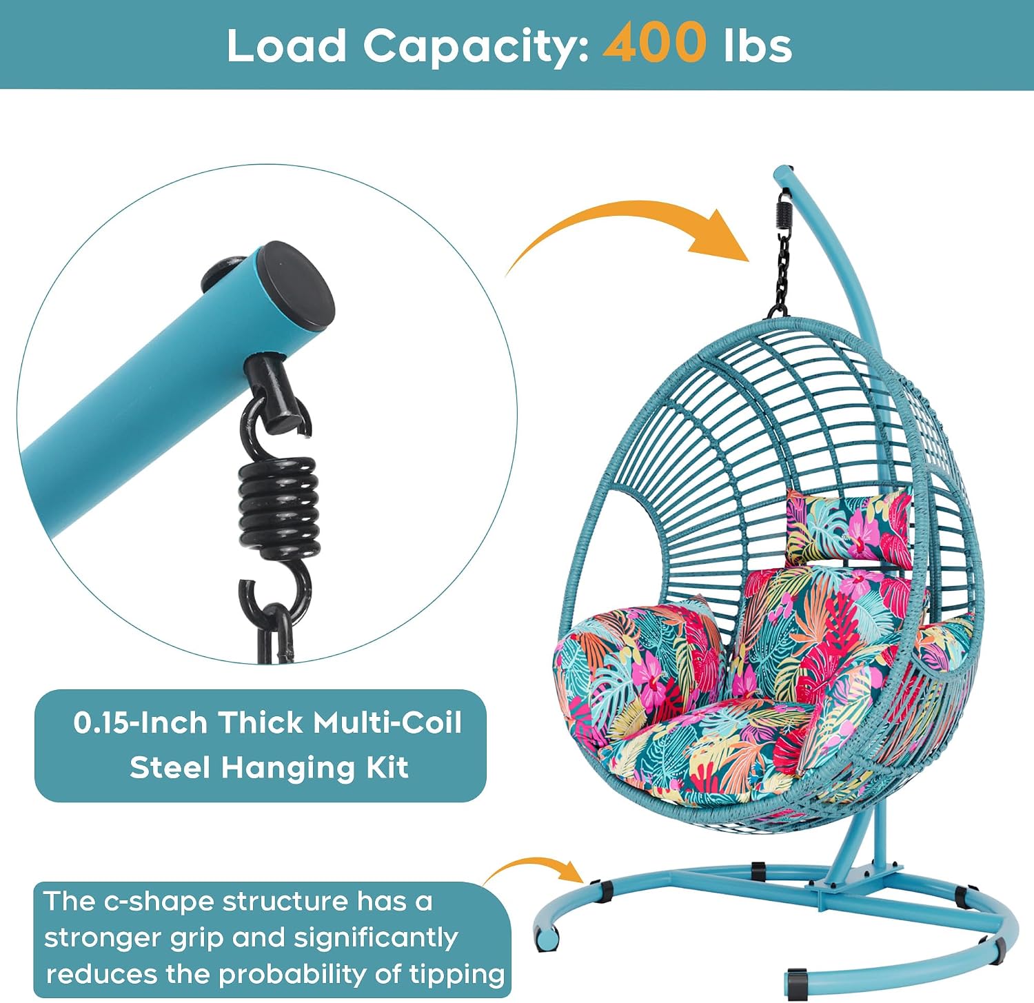Hanging Egg Chair with Stand, Outdoor Swing Egg Chair with Rain Cover, 400 LBS Capacity All-Weather PE Wicker Swing Chair with Waterproof Cushions