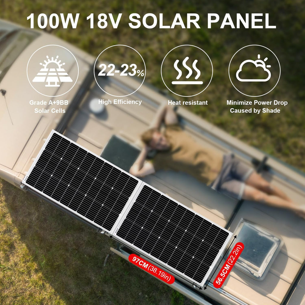 DOKIO 100W 18V Solar Panel 2-Pack for 12V Battery Charging, Monocrystalline Glass Modules with Aluminum Frame, MC4, Pre-Drilled Holes, Series/Parallel for RV, Boat, Roof, Off-Grid Systems
