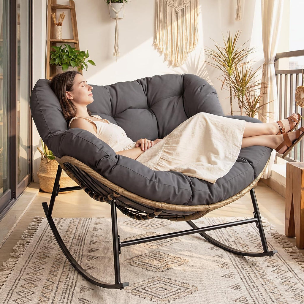 RADIATA Outdoor Papasan Rocking Chair with Cushion, Oversized Patio Lounge Rocker, All Weather PE Wicker Comfy Egg Rocking Chairs, 450 lbs Heavy Duty Recliner Glider for Balcony, Porch, Garden, Grey