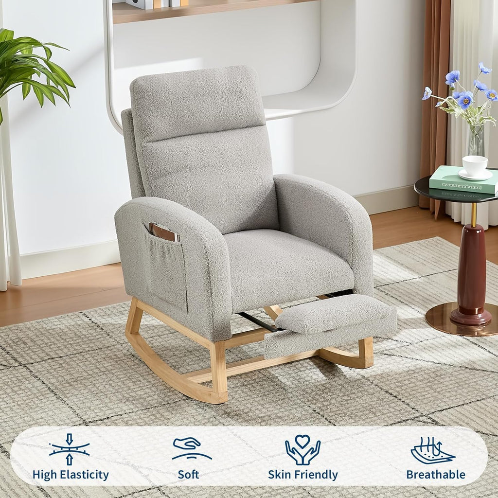 Rocking Chair Nursery Chairs with Foot Rest, Recliner Armchair with High Backrest& Wood Legs and Side Pocket for Living Room,Bedroom,Light Gray