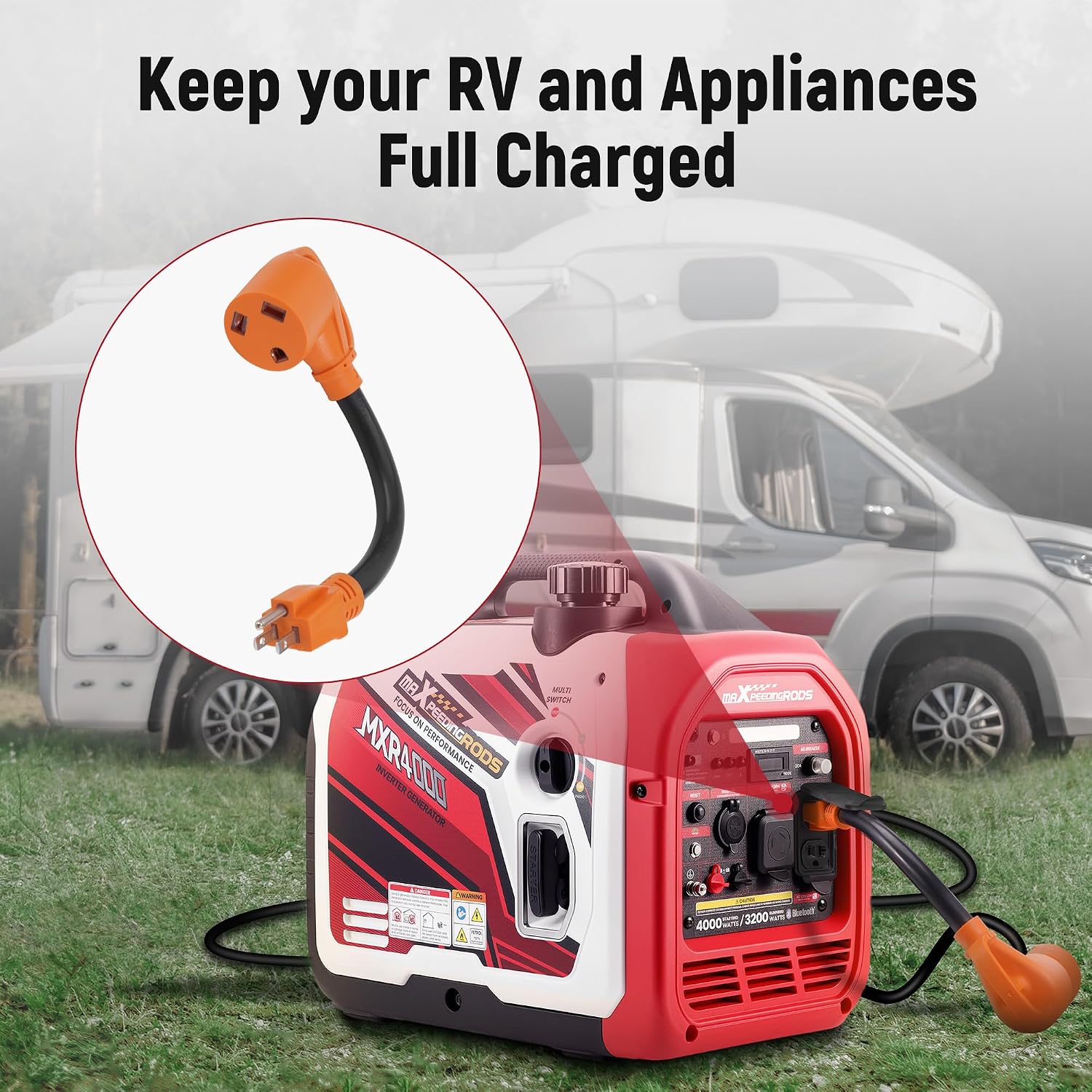 maXpeedingrods Portable 4000 Watt Inverter Generator with RV Power Adapter Cord 15Amp to 30Amp, NEMA 5-15P to TT-30R