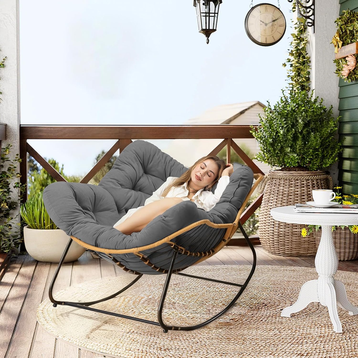 Papasan Chair with Cushion, Oversized Outdoor Rocking Chair, Patio Egg Chair Outdoor, Wicker Modern Cozy Comfy Chair for Bedroom, Living Room, Garden, Balcony, Lawn, Dark Grey