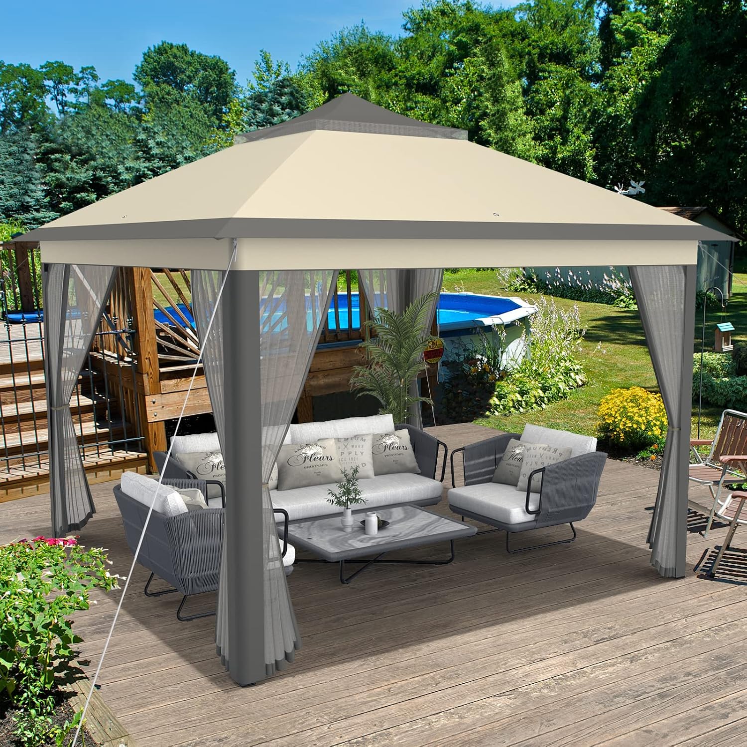 Tangkula 11x11 Ft Pop up Gazebo, 2-Tier Patio Gazebo with Netting, Carry Bag, Easy Set up Outdoor Gazebo with 121 Square Feet of Shade for Backyard, Deck, Poolside (Brown)