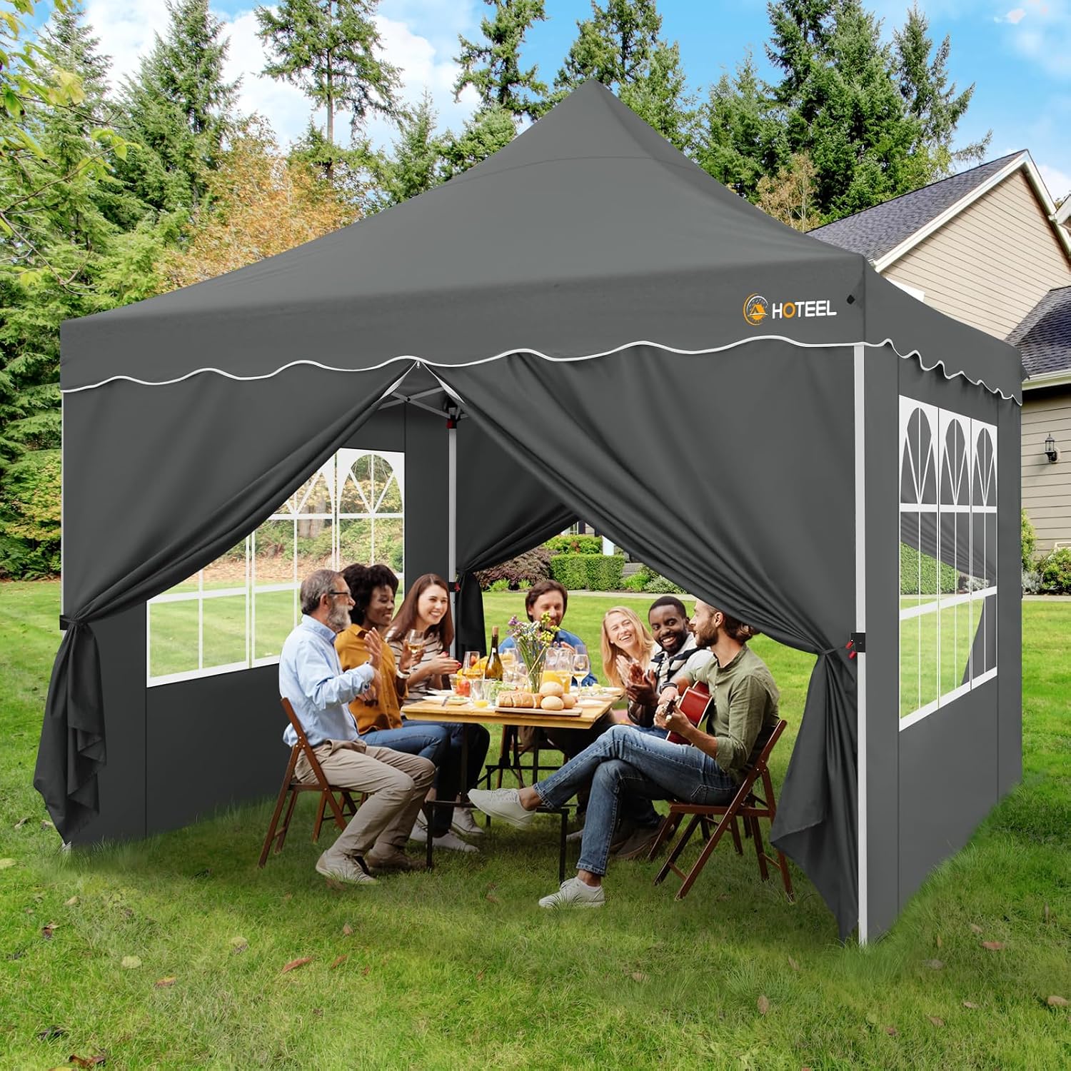 HOTEEL Canopy Tent 10x10 Pop Up Canopy with 4 Removable Sidewalls, Sandbags, Stakes & Ropes, UPF 50+ Easy Setup Canopy Tent Waterproof Outdoor Instant Portable Shelter for Party, Events, Vendor, Gray