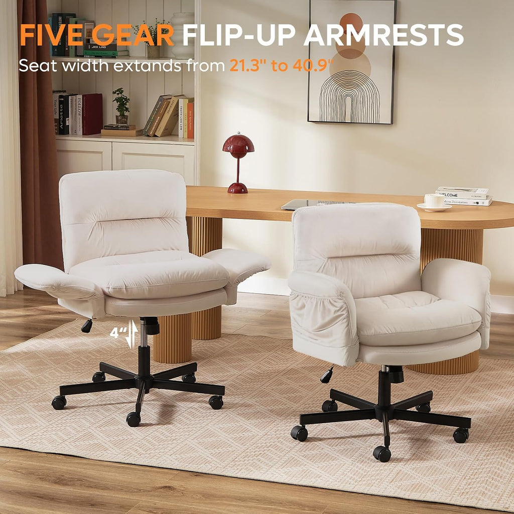Bestier Criss Cross Chair with Flip-Up Armrests, Swivel Makeup Vanity Chair with Wheels & Side Pockets, Cross Legged Office Chair for Home Office, Bedroom, Beige Velvet