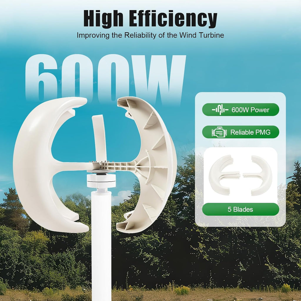 Wind Turbine Generator, 12V 600W Vertical Axis Wind Generator 5-Blade Lantern Shape Windmill Generator with Controller and Automatic Wind Angle Function, Permanent Magnet Wind Generator for Home Use