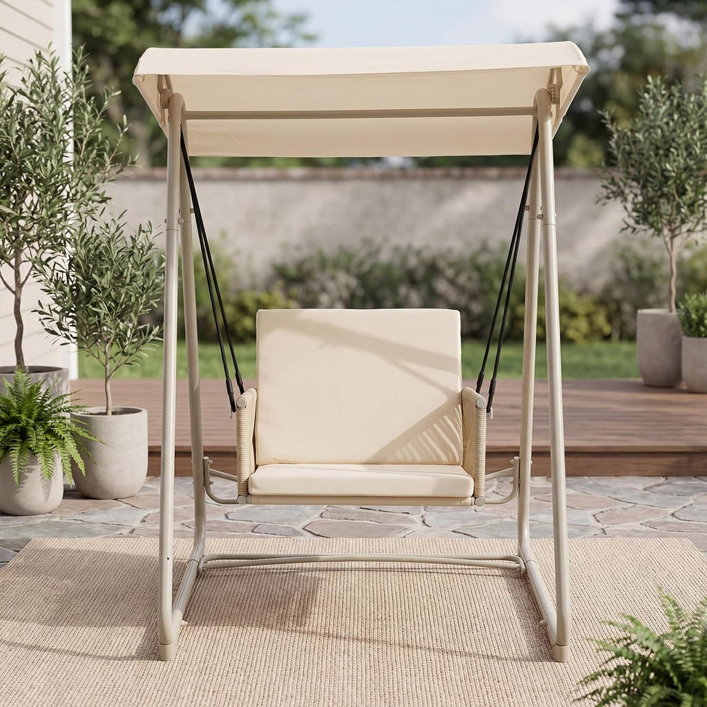Porch Swing with Stand, Outdoor Swing with Canopy, All Weather Outdoor Swings for Adults, 400lbs Heavy Duty Porch Swings with Removable Cushions, Single Hanging Chair for Small Space, Beige