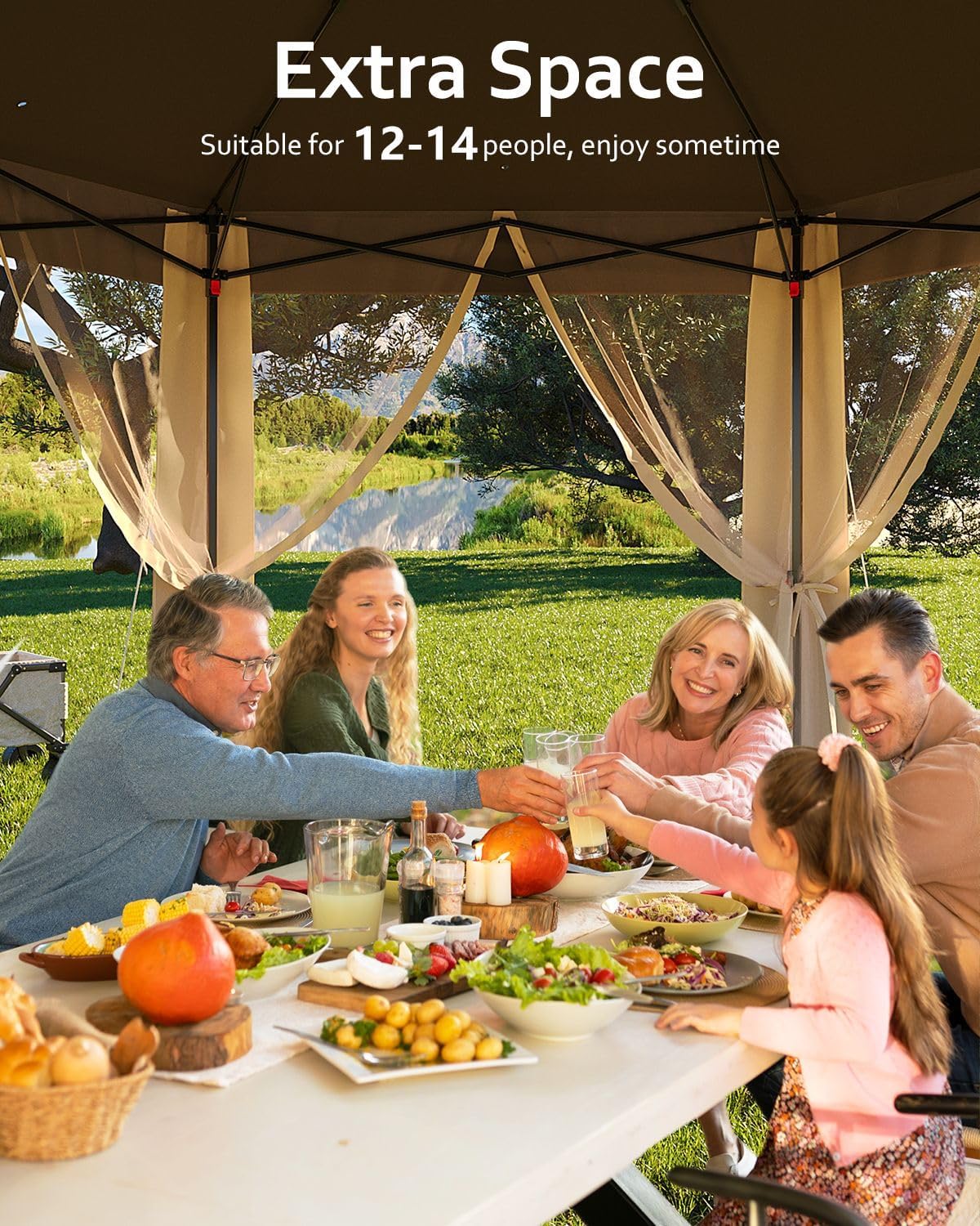 Pop Up Gazebo 13x13, Outside Canopy Tent-6 Side with Mosquito Netting, One Push Setup for Backyard Patio Garden Activities-Khaki