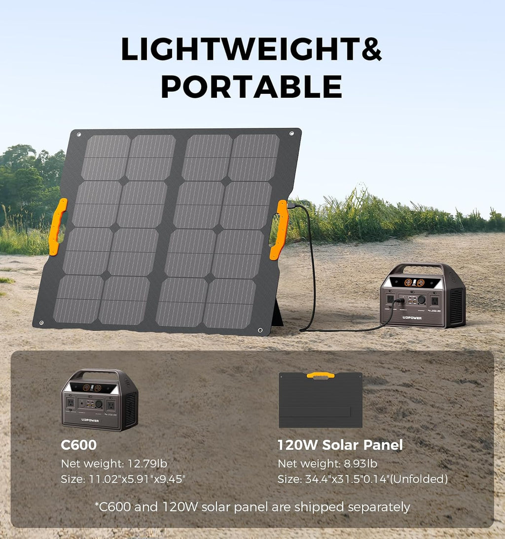 UDPOWER C600 Solar Generator with 120W Solar Panel - 600W Portable Power Station(Surge 1200W) AC Output, 595Wh LiFePO4 Battery, for Camping, Travel, RV, Emergency Power Backup(Brown)